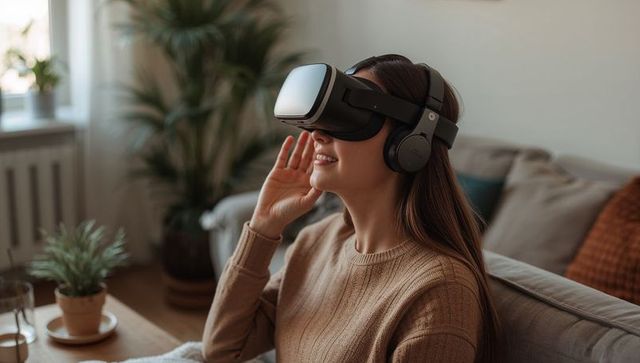 Young woman experiencing virtual reality with headphones in cozy minimalist living room