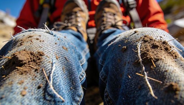 Frayed denim knees covered in dirt and pine needles with hiking boots on sunlit trail