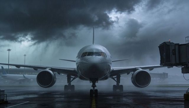 Stormy airport jet facing camera on wet tarmac with moody sky, reflections
