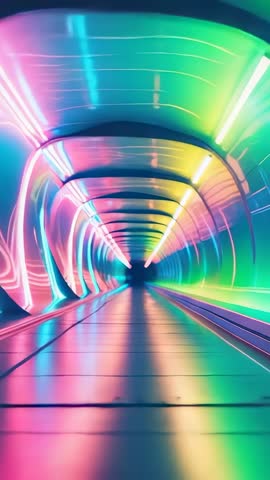 Vertical neon tunnel journey on moving walkway through futuristic rainbow LED corridor