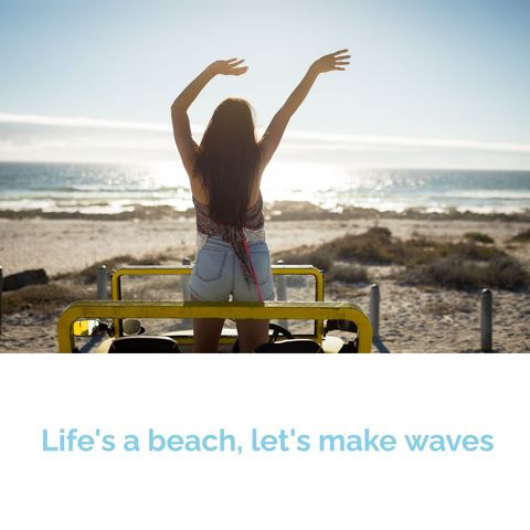 carefree woman facing ocean from beach car celebrating freedom - Download Free Stock Templates Pikwizard.com