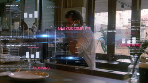 Chef Analyzing Digital Financial Data in Modern Kitchen Concept