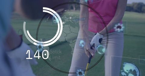 Female Golfer Analyzing Swing Using Augmented Reality Data
