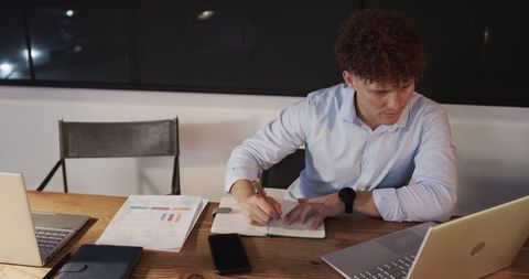 Focused professional working late at office desk