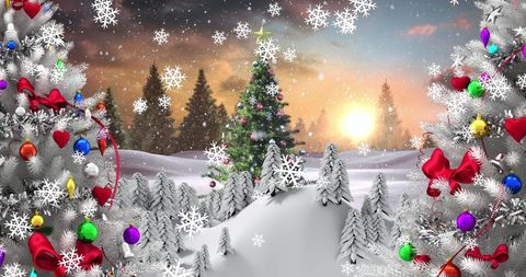 Magical Snowfall Over Festive Christmas Trees at Sunset - Download Free Stock Images Pikwizard.com
