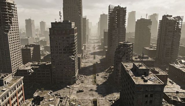 Collapsing towers and rubble-filled avenue in desolate post-apocalyptic downtown