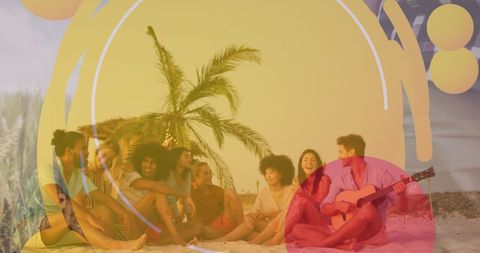 Group of Friends Enjoying Beach Time with Guitar Entertainment