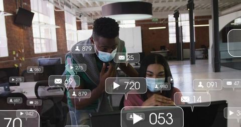 Masked Colleagues Collaborating Over Social Media Analytics in Modern Office