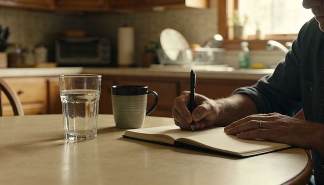 Writing in notebook at kitchen table with coffee mug, glass of water, wedding ring
