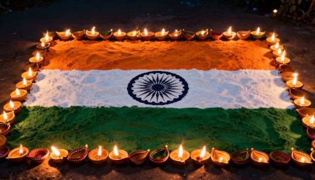 Displaying indian tricolor rangoli with navy ashoka chakra and glowing diyas