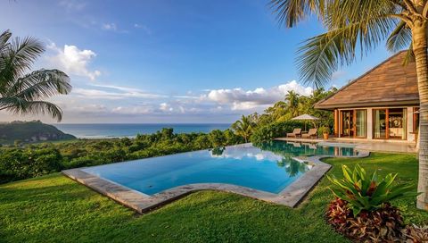 Tropical villa infinity pool reflecting ocean horizon with palm trees and lounge terrace