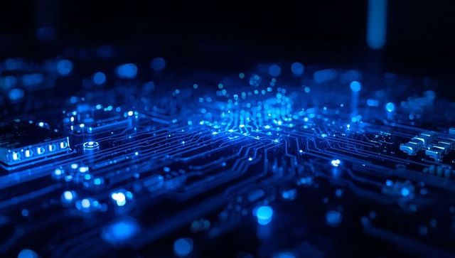 Glowing blue circuit board with details of traces and microchips