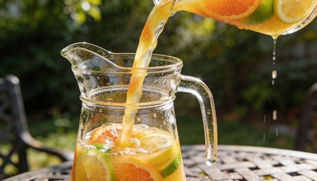 Refreshing citrus pitcher being filled with lemonade and sliced citrus on sunny patio