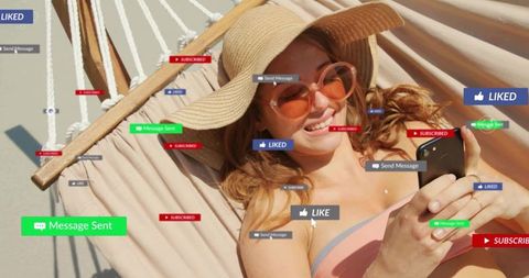 Relaxing woman in hammock checking smartphone with social media notifications overlay