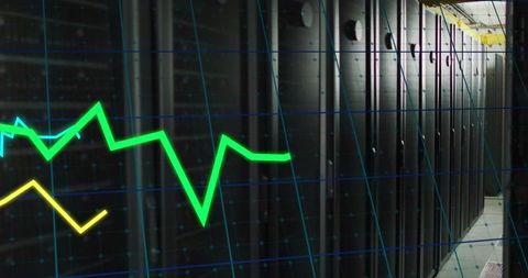 Server room corridor with graphical data overlay