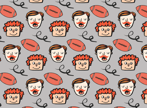 Pattern of cartoon faces and rugby balls on transparent background