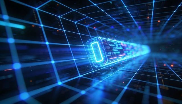 Neon Data Capsule Gliding Through 3D Grid Tunnel of Light and Code