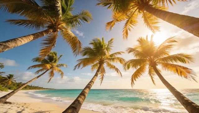 Leaning coconut palms casting shadows over sunlit turquoise beach with foamy surf