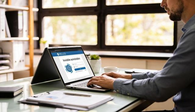 Businessman typing on laptop login screen at glass desk by bright window with coffee