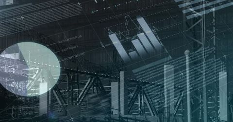 Financial data analytics overlaid on construction site blueprint