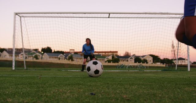 Girl in blue soccer jersey, in the goalkeeper's position, waiting to defend a penalty kick against an opponent. Action takes place on a grassy field with suburban houses in the background during sunset. Ideal for use in sports marketing, youth sports programs, and motivational campaigns.