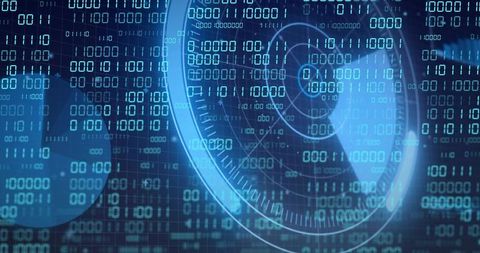 Futuristic cyber HUD radar overlay displaying binary data grid holographic pulsing reticle