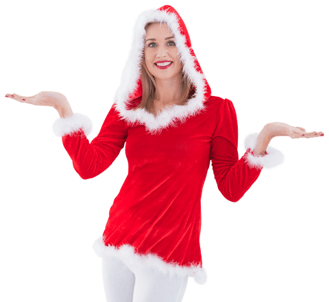 Festive Woman in Santa Suit Celebrating Christmas on Transparent Background