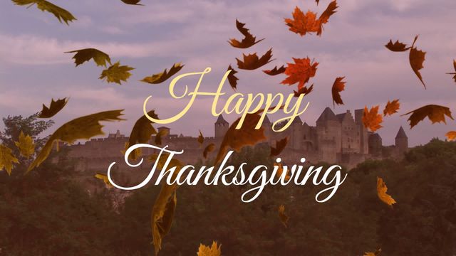 This animated scene features falling autumn leaves with greetings for Thanksgiving, blending beautifully with a distant view of a castle surrounded by forest. Ideal for Thanksgiving invitations, social media greetings, or as a festive digital message celebrating the fall season and its colorful foliage.