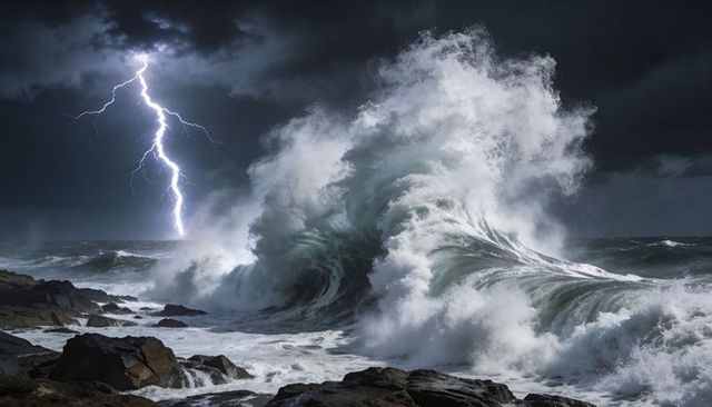 Crashing ocean wave and lightning over jagged rocky shore during violent storm with surging foam