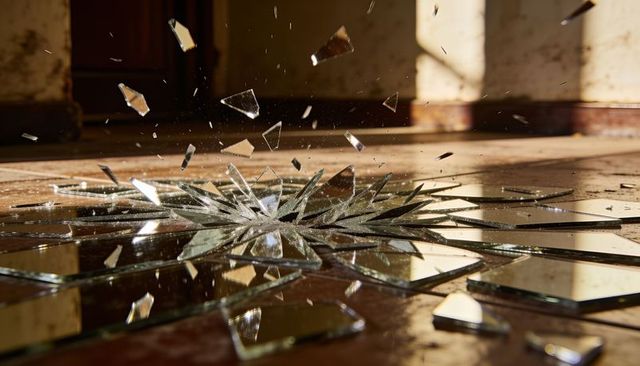 Shattering mirror starburst on hardwood floor, sunlight scattering glass shards