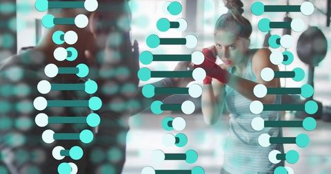 Female boxer training with coach mitts and dna data overlay, fitness science concept