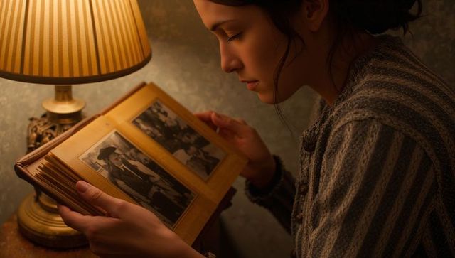 Woman Examining Vintage Family Album by Warm Lamplight, Intimate Nostalgic Moment
