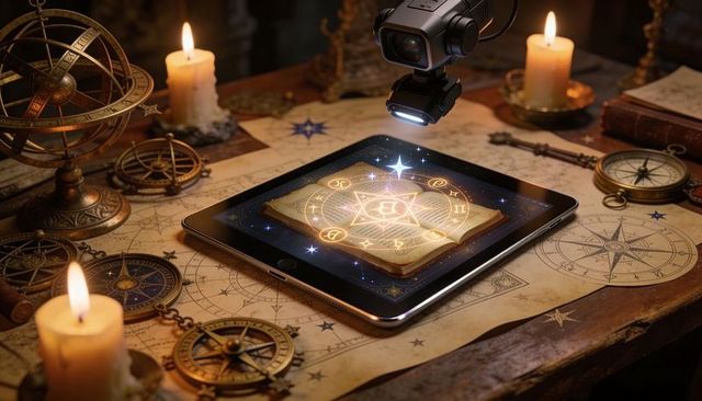 Digital grimoire glowing with sigils on tablet among antique navigation tools and candles