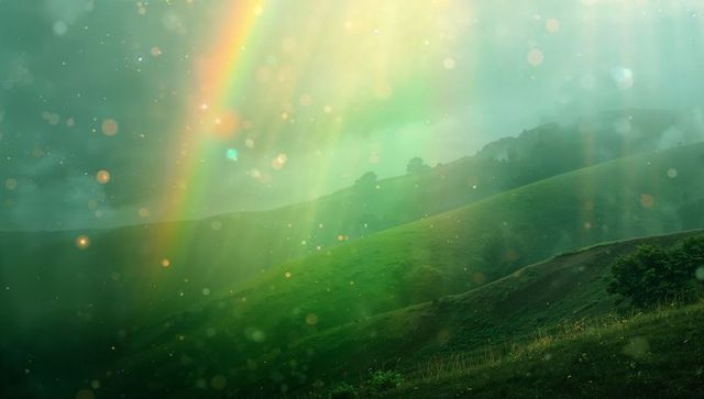 Rainbow Arching Over Misty Rolling Green Hills with Sunbeams and Dreamy Bokeh