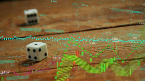 Financial Data Animation with Dice on Wooden Background