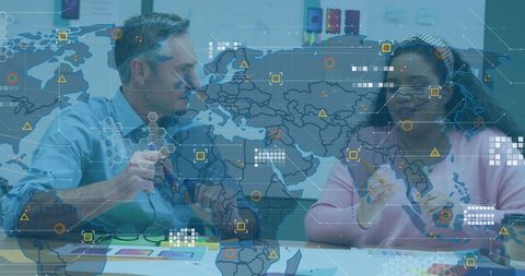 Global data network overlaid on office collaboration scene