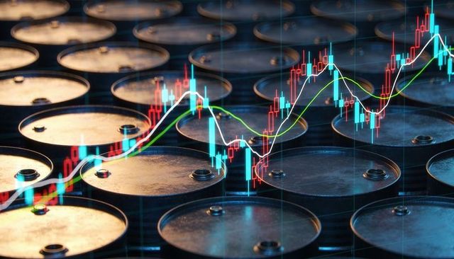 Oil barrels with candlestick chart overlay conveying crude oil market volatility trends