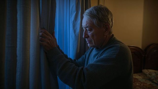 Senior man pulling curtains at night in dim bedroom light conveying quiet contemplation