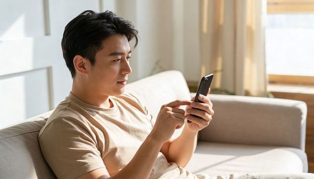 Young man relaxing on sofa tapping smartphone in sunlit living room for home lifestyle