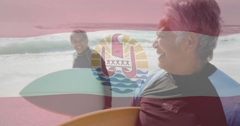 Couple enjoying surfing adventure on scenic beach with turf wetsuits