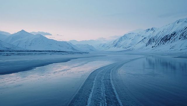 Curving Frozen Lake Reflecting Snowy Peaks at Dawn Silvery Blue Arctic Valley Minimalist