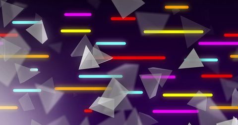 Floating neon bars and translucent triangles gliding over purple gradient backdrop