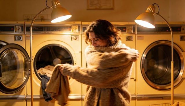 Adjusting chunky knit sweater in warm retro laundromat under glowing task lamps, cozy candid moment