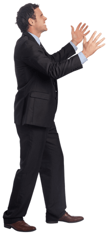 Caucasian businessman standing furiously clapping on transparent background