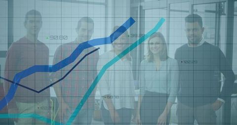 Professional Team Discussing Financial Growth with Line Graph Overlays