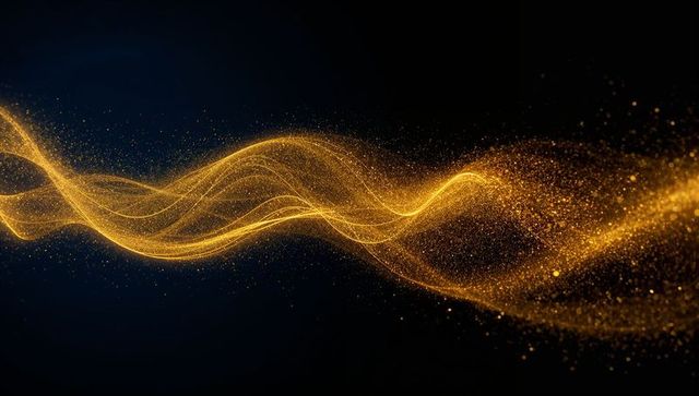 Flowing Golden Light Ribbon with Sparkling Particles on Deep Navy-Black Backdrop