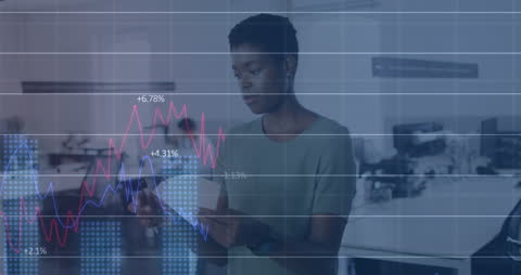 Businesswoman Analyzing Financial Data in Futuristic Office Setting