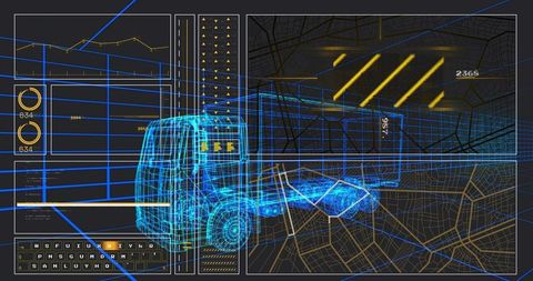 Wireframe semi truck dashboard and map HUD visualizing CAD blueprint and fleet analytics