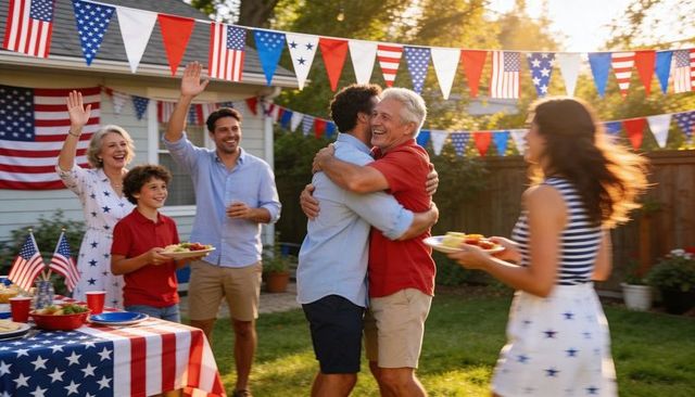 Hugging grandfather and adult son at fourth of july backyard barbecue with american bunting