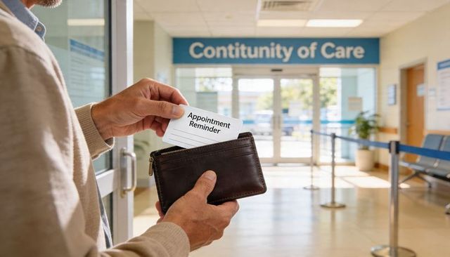 Senior patient pulling appointment reminder card from wallet at clinic reception